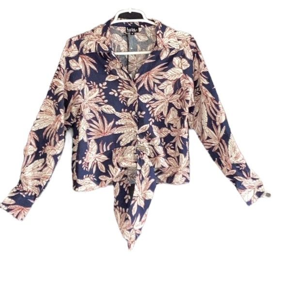 Nicole Miller NWT Linen Blend Tie at Waist Navy and Cream Floral Women's Top - Picture 2 of 8